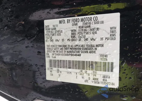 2011 Ford Ranger Sport from USA, damaged, VIN 1FTKR1EE8BPB04948